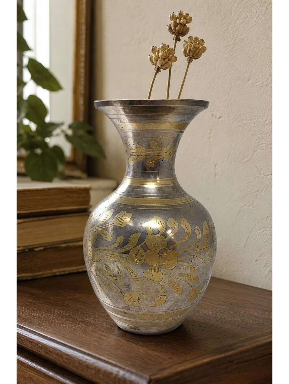 Vintage Silver Tone Brass Vase Engraved Floral Metal Decor 6.75